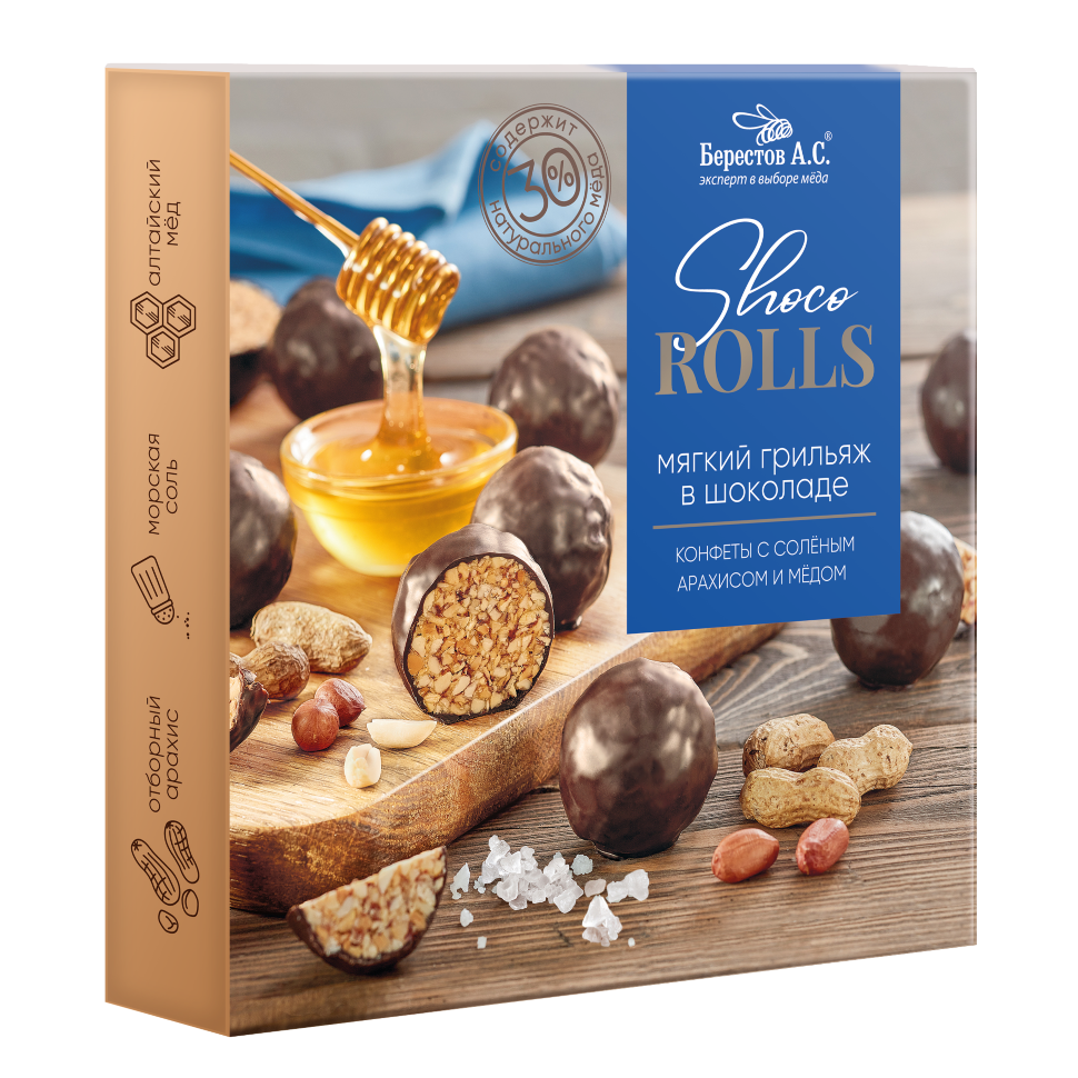  Берестов Shoco Rolls конфеты с арахисом, солью и медом, 135г   в Копейске